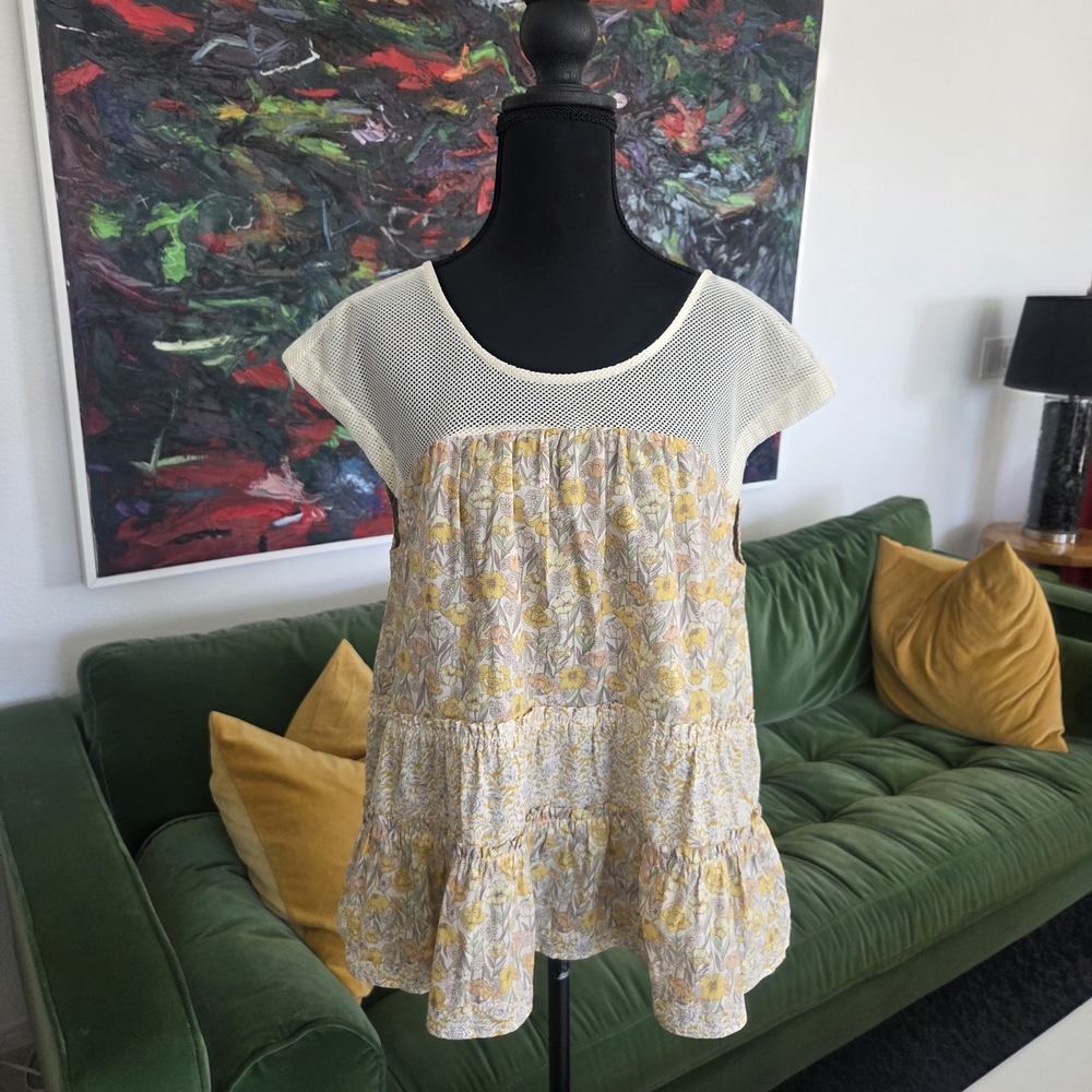 Umgee Boho Peasant Yellow Floral Print + Cream Tiered Top, Tie Back Neck - Small